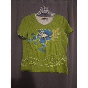 Jamaica Bay Green Floral T-Shirt, Women's Medium Top‎ with Embellished Detail